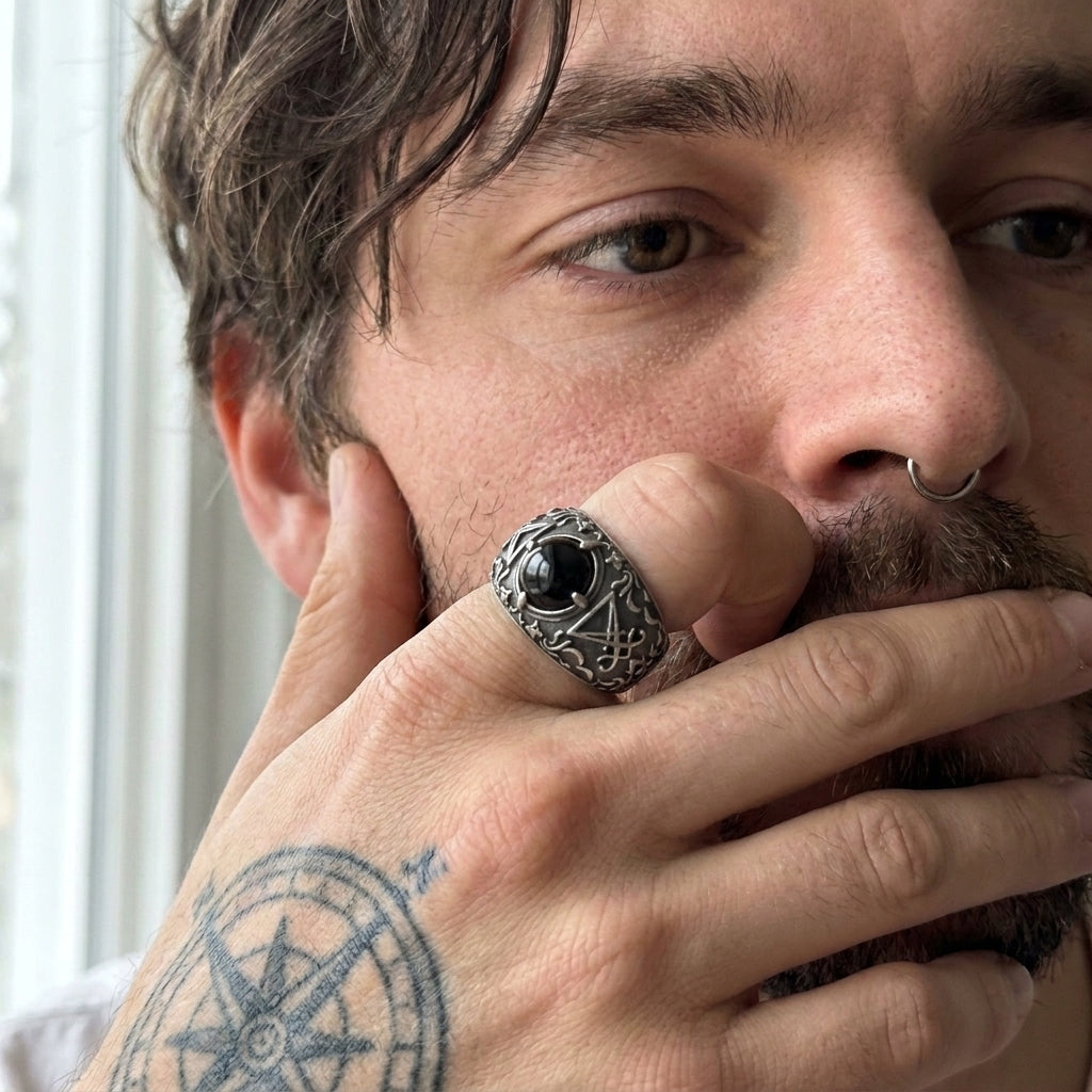 Black Onyx Sigil of Lucifer Baroque Ring