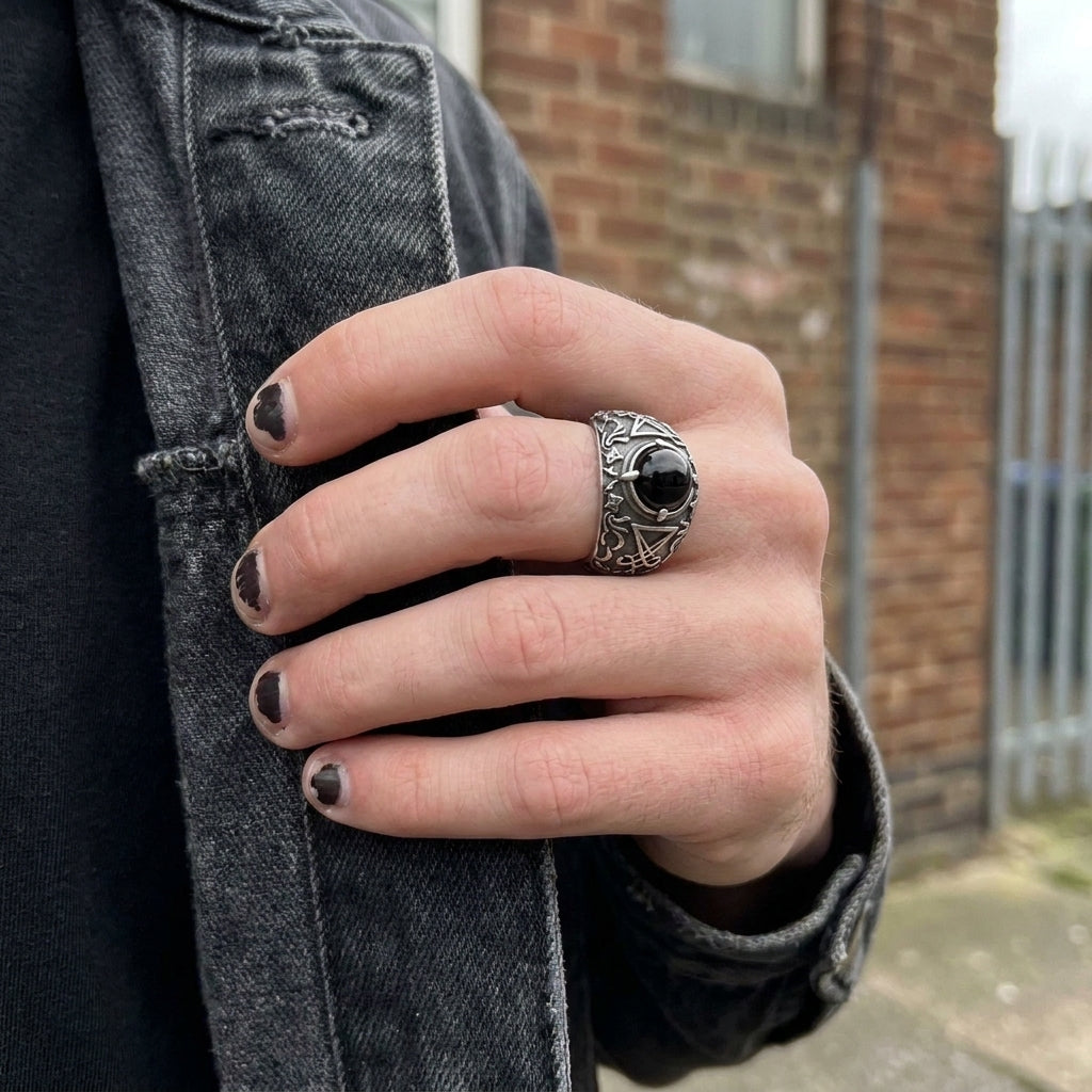 Black Onyx Sigil of Lucifer Baroque Ring