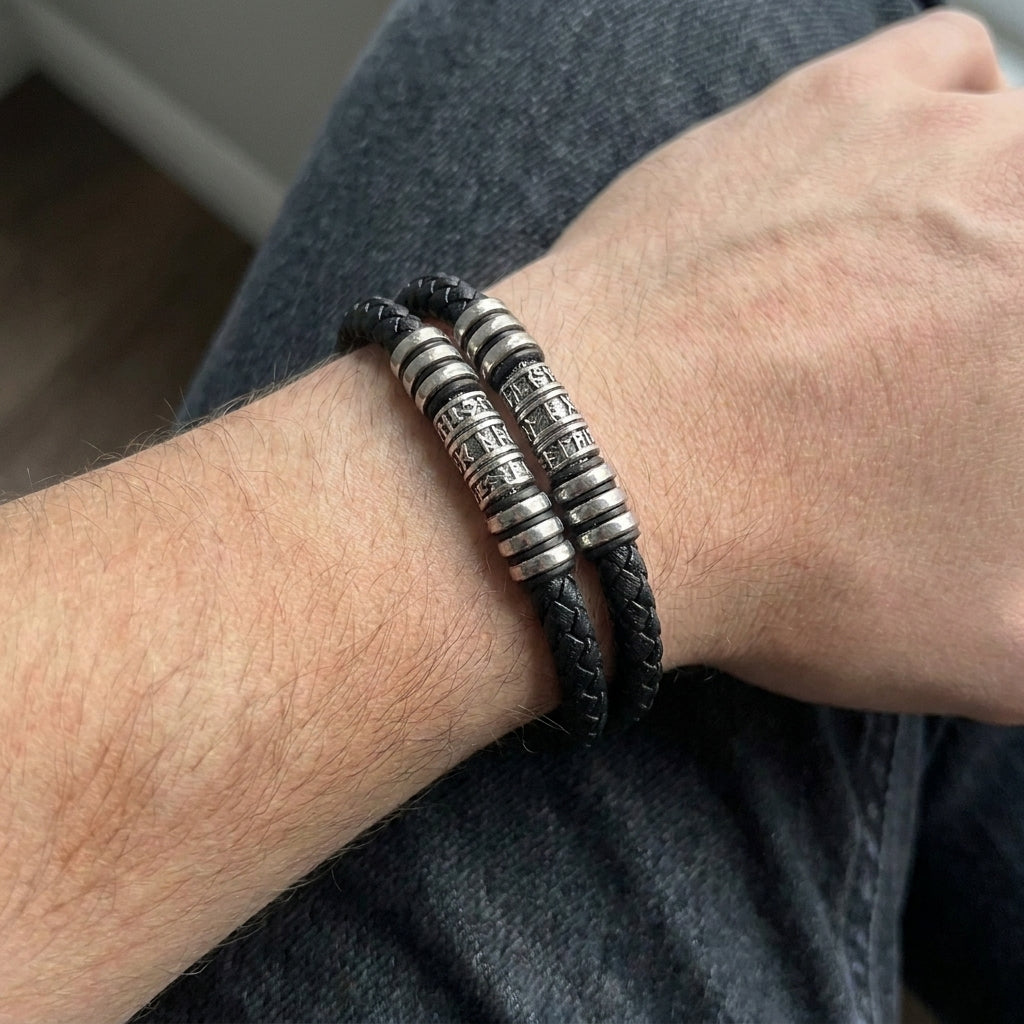 Runic Bead Double Leather Bracelet