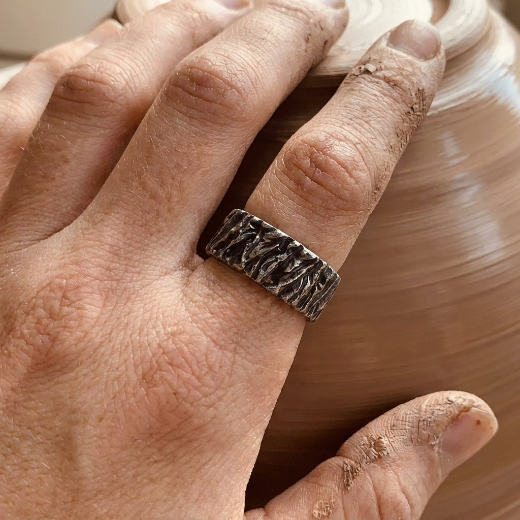 Rugged Bark Texture Band Ring