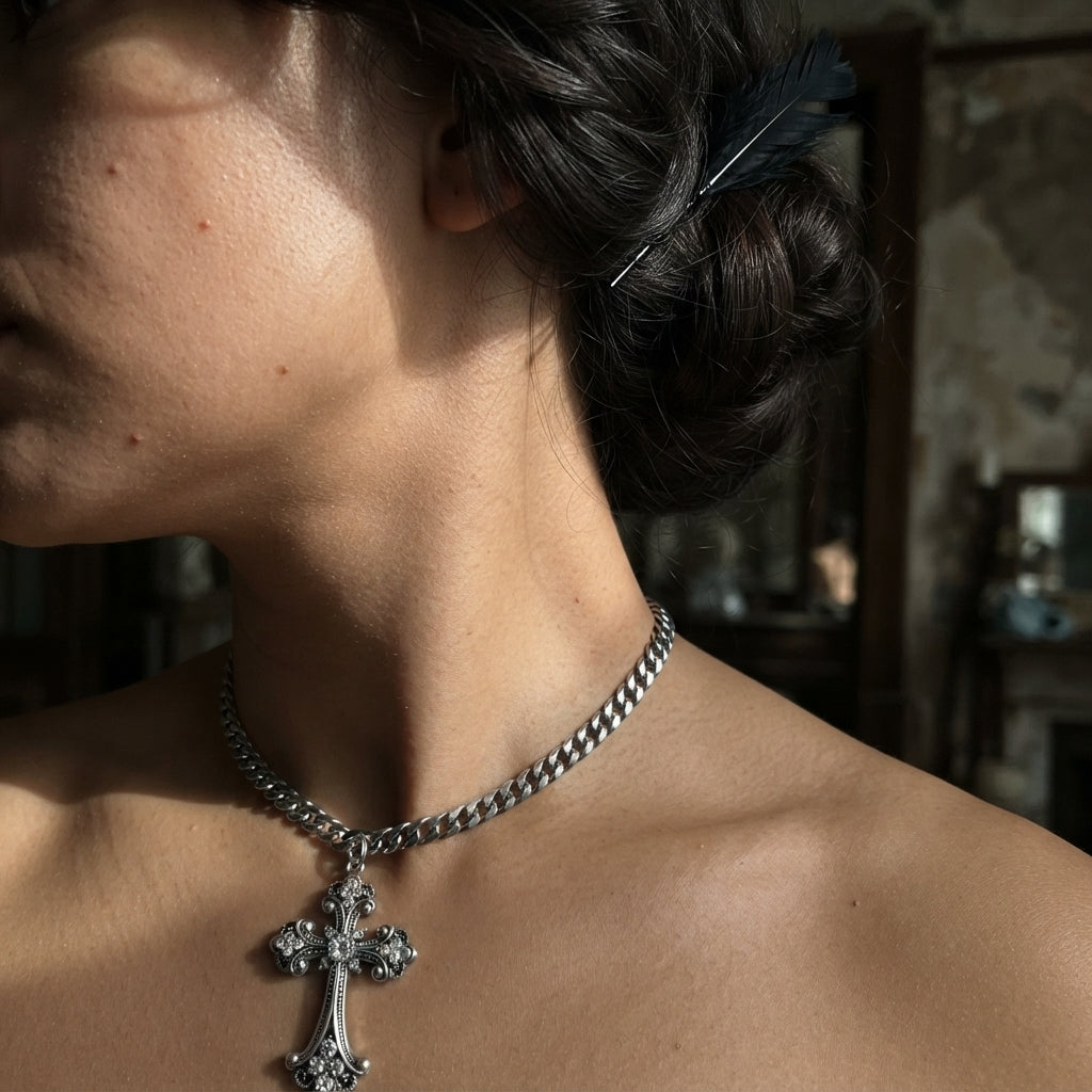 Crystal Filigree Gothic Cross Curb Chain Necklace