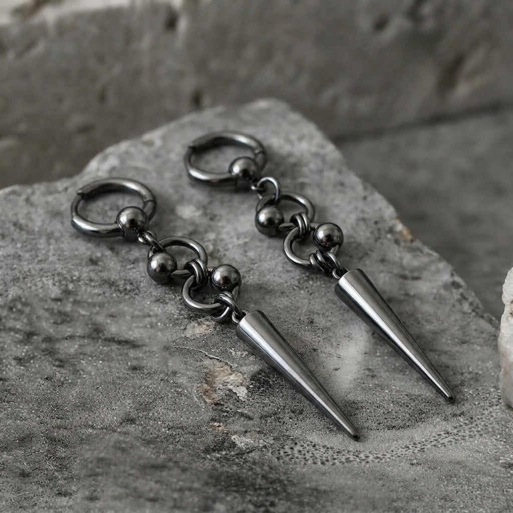Gunmetal Orbit Bead Long Spike Earrings