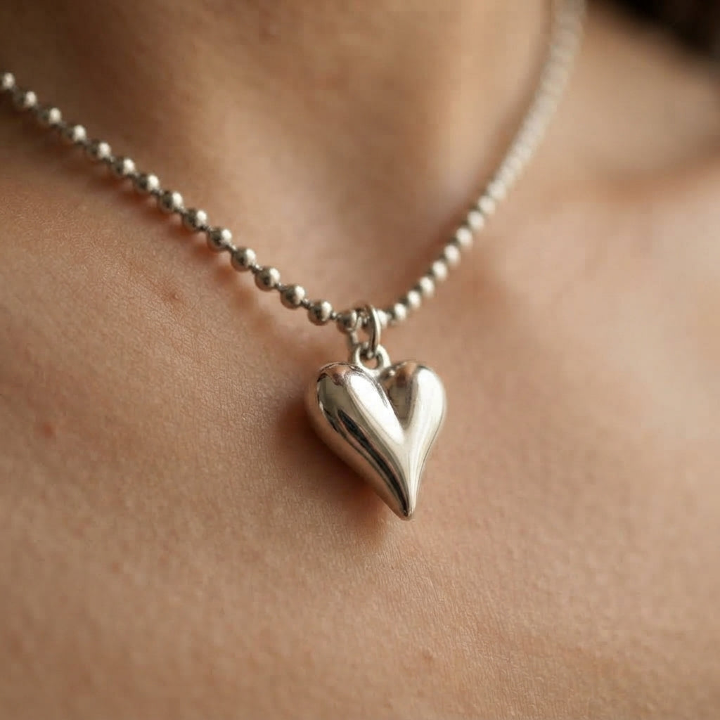 Puffy Heart Pendant Silver Bead Chain Necklace