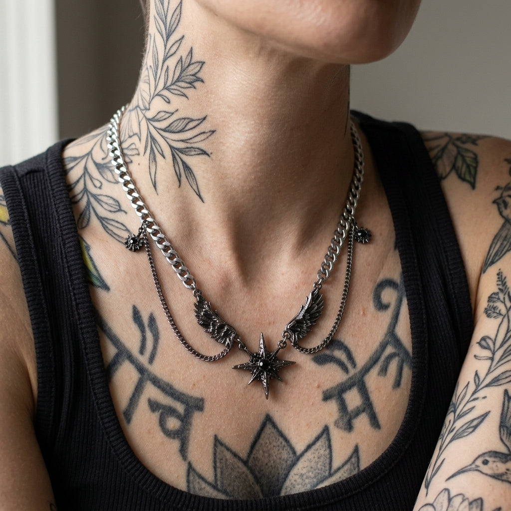 Winged Star Black Crystal Draped Necklace