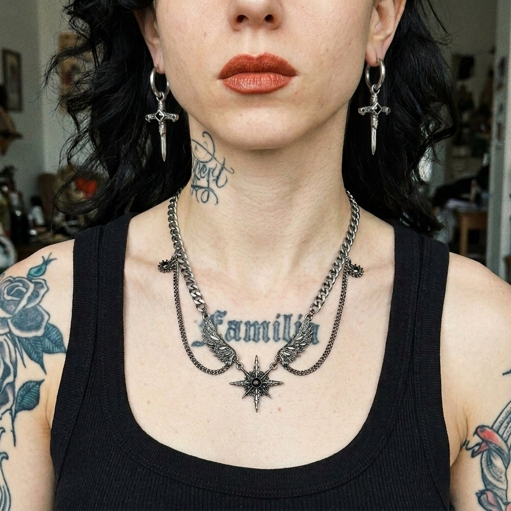 Winged Star Black Crystal Draped Necklace