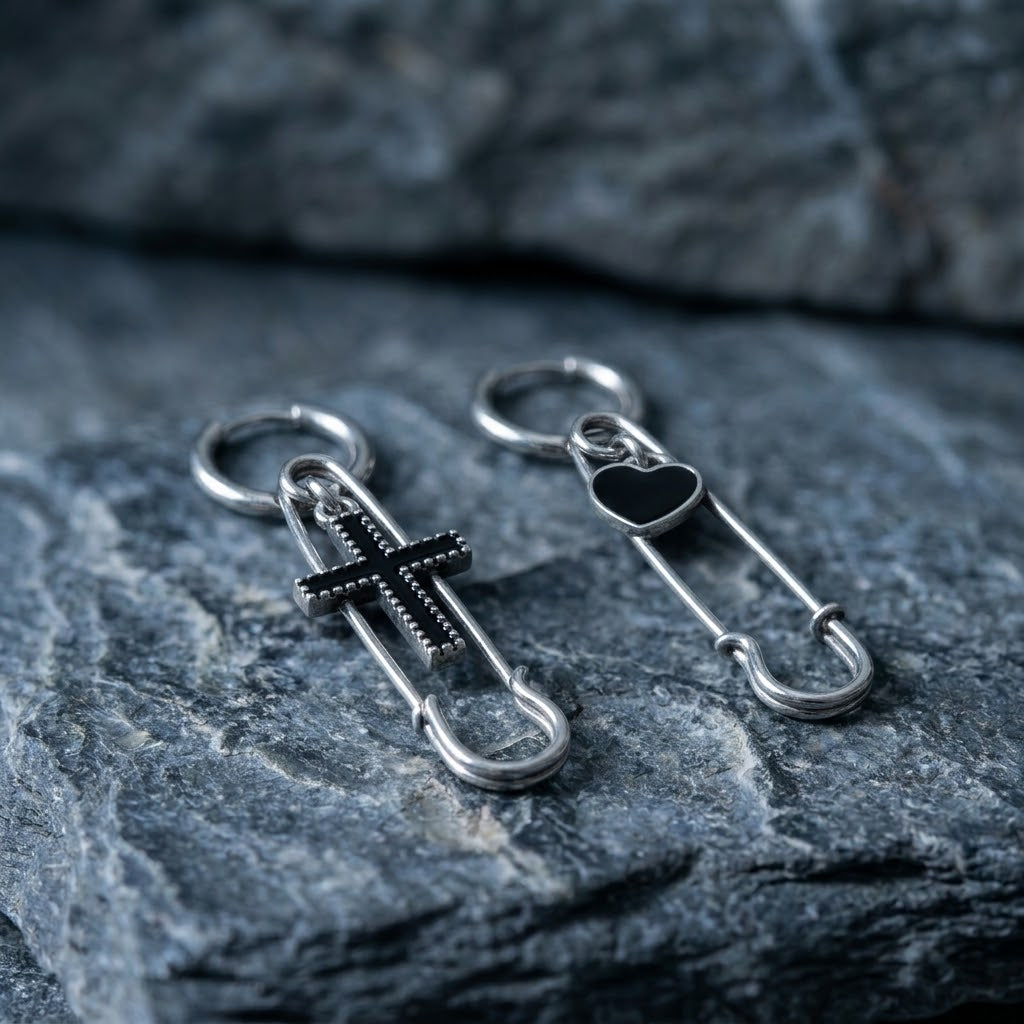 Mismatched Safety Pin Black Cross & Heart Earrings