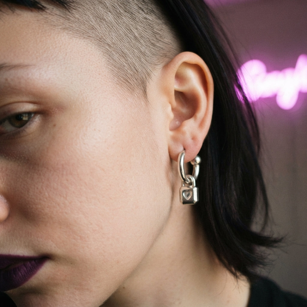 Heart Padlock Ball End C-Hoop Earrings