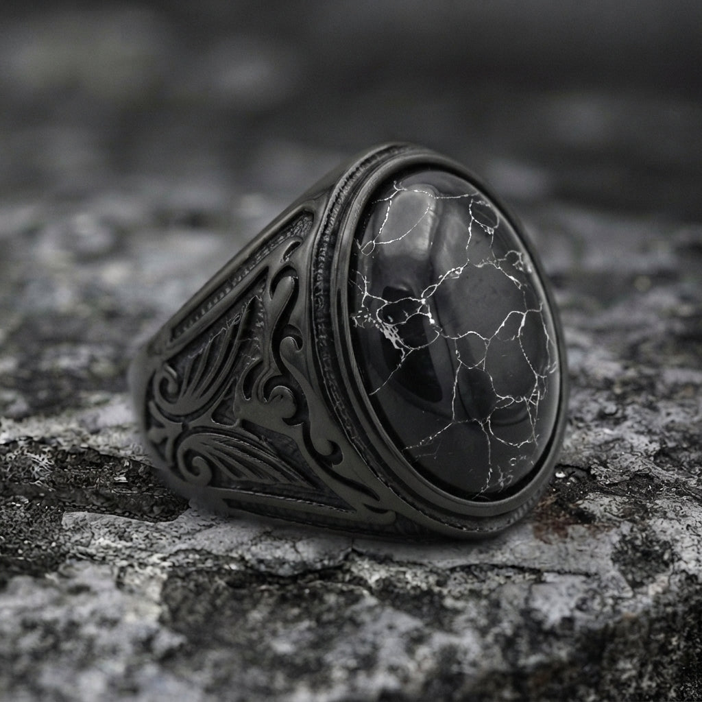 Black Marble Oval Cabochon Signet Ring