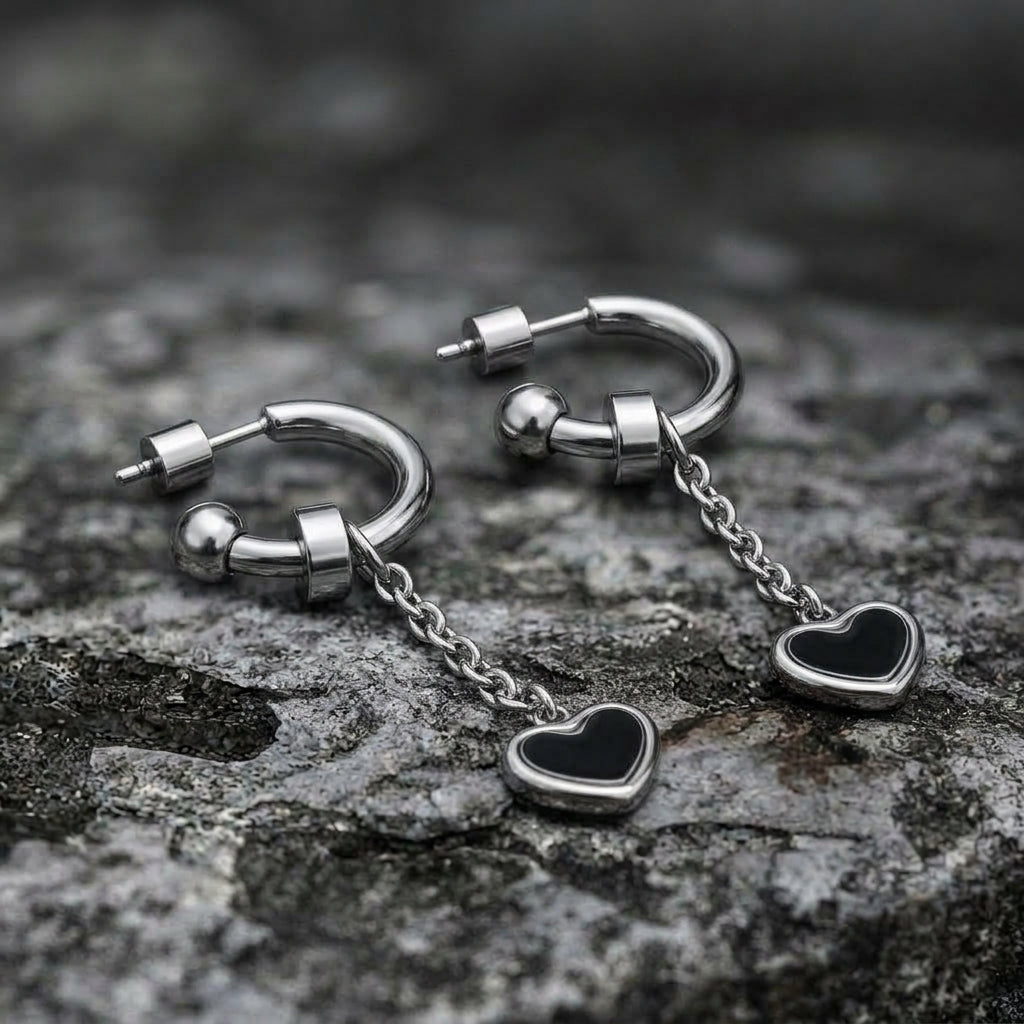Black Enamel Heart Chain Drop C-Hoop Earrings