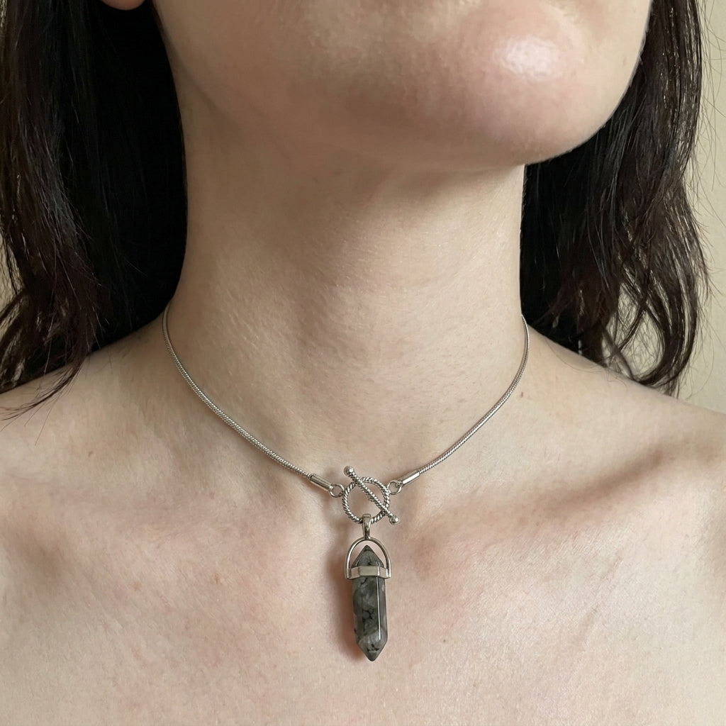 Serpentine Cipher Crystal Point Necklace