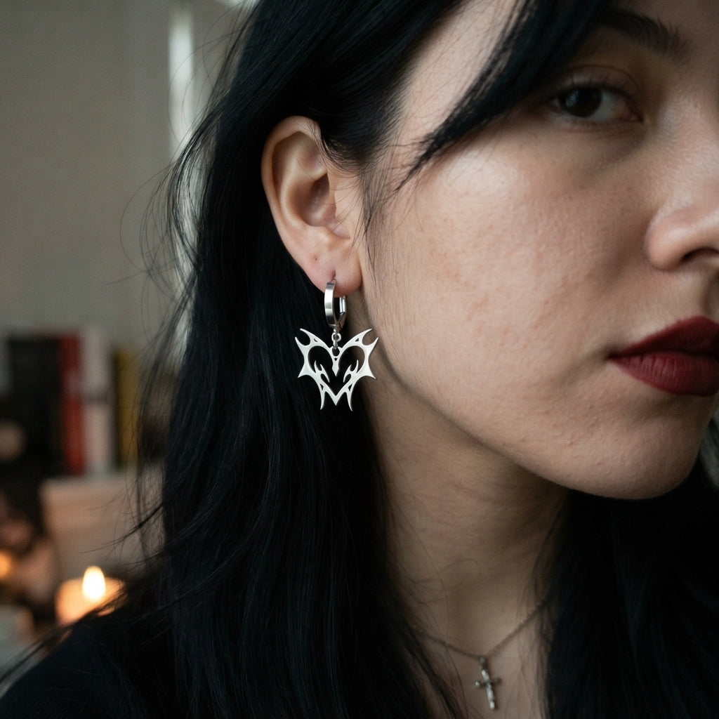 Tribal Flame Heart Huggie Earrings