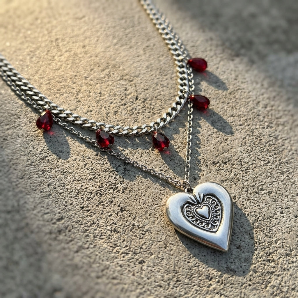 Blood Red Teardrop Sacred Heart Layered Chain Necklace