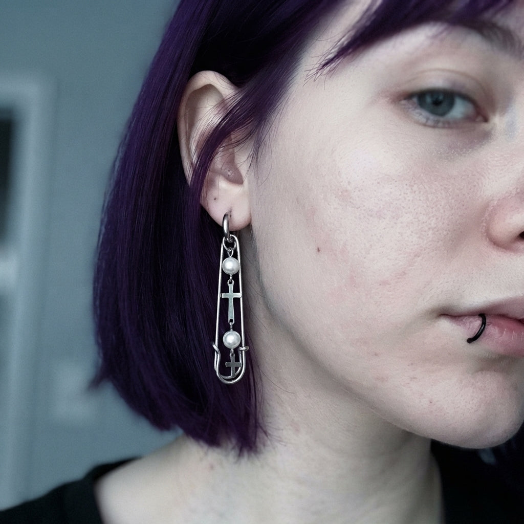 Safety Pin Pearl & Cross Drop Earrings
