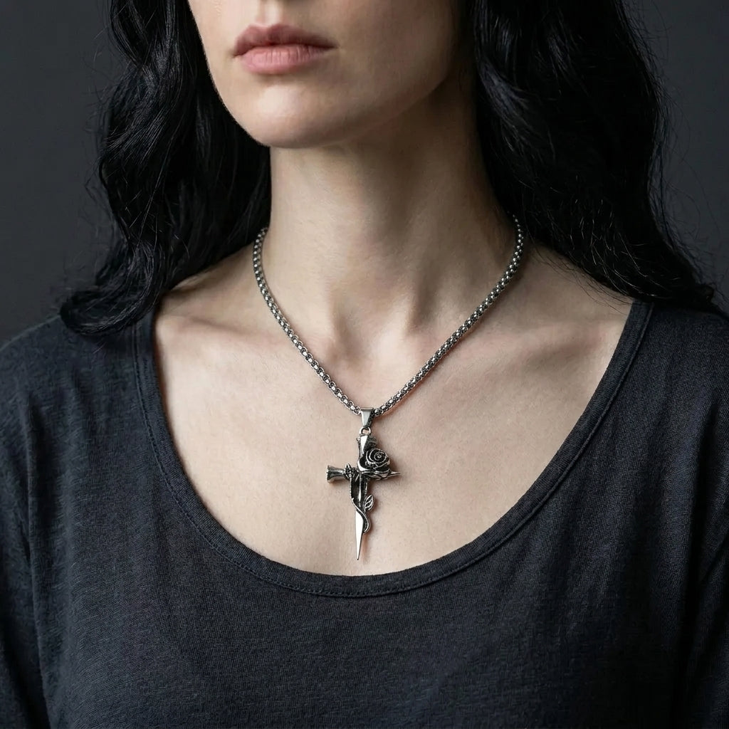Thorn Rose Cross Necklace