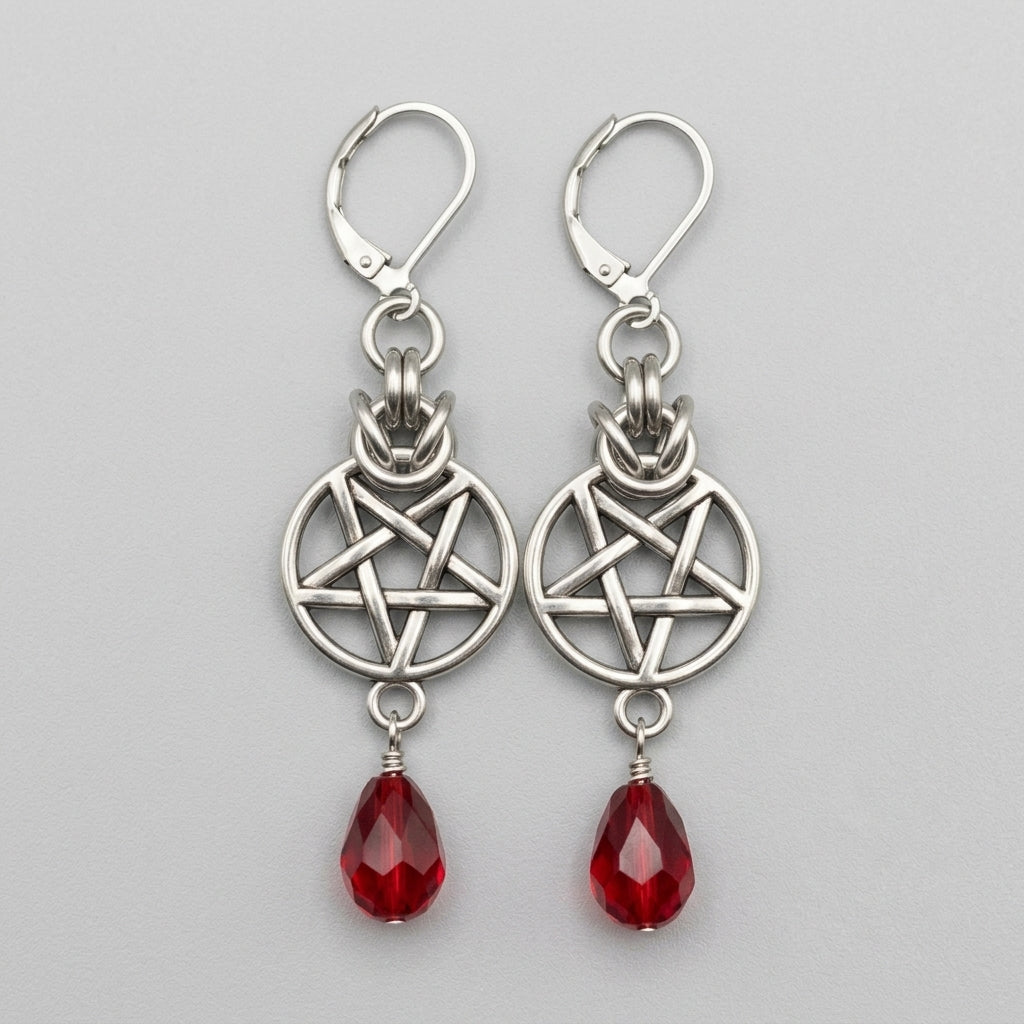 Blood Red Teardrop Pentagram Chainmaille Earrings