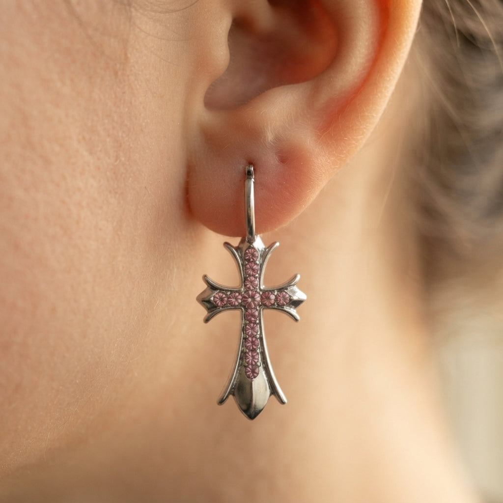 Pink Crystal Gothic Cross Hoop Earrings