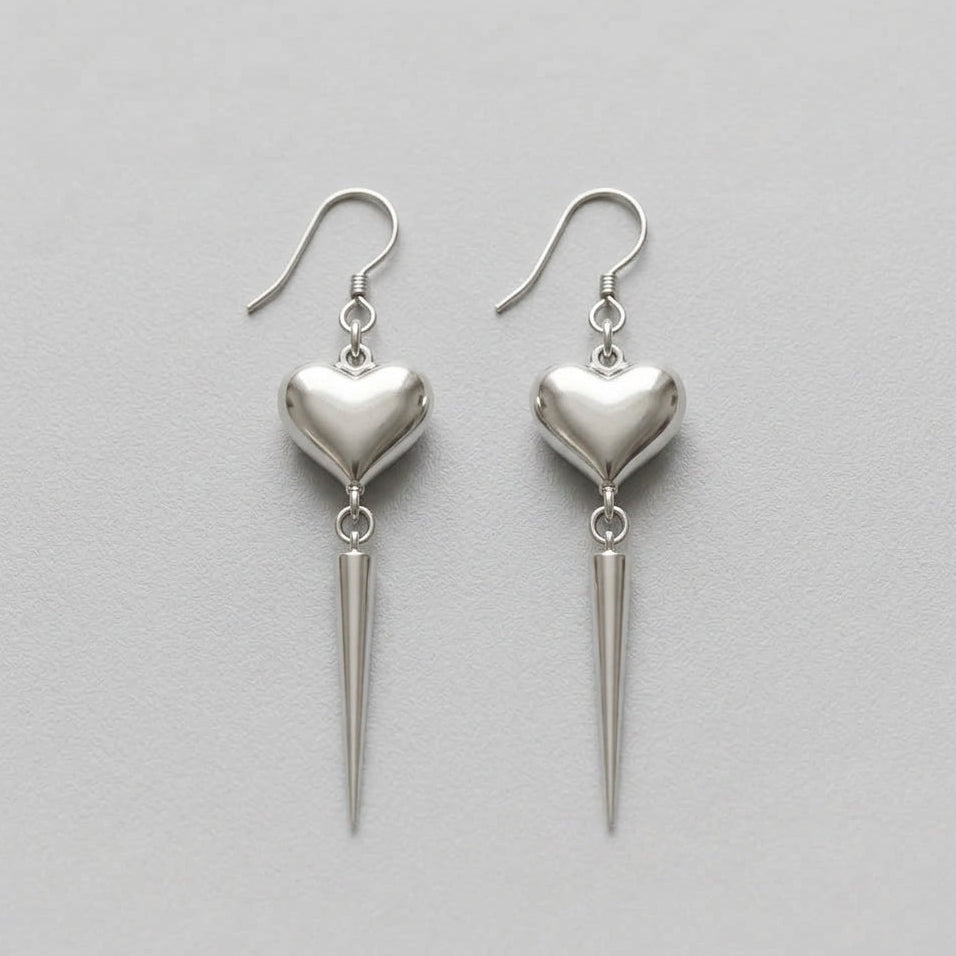 Puffy Heart & Long Spike Hook Earrings