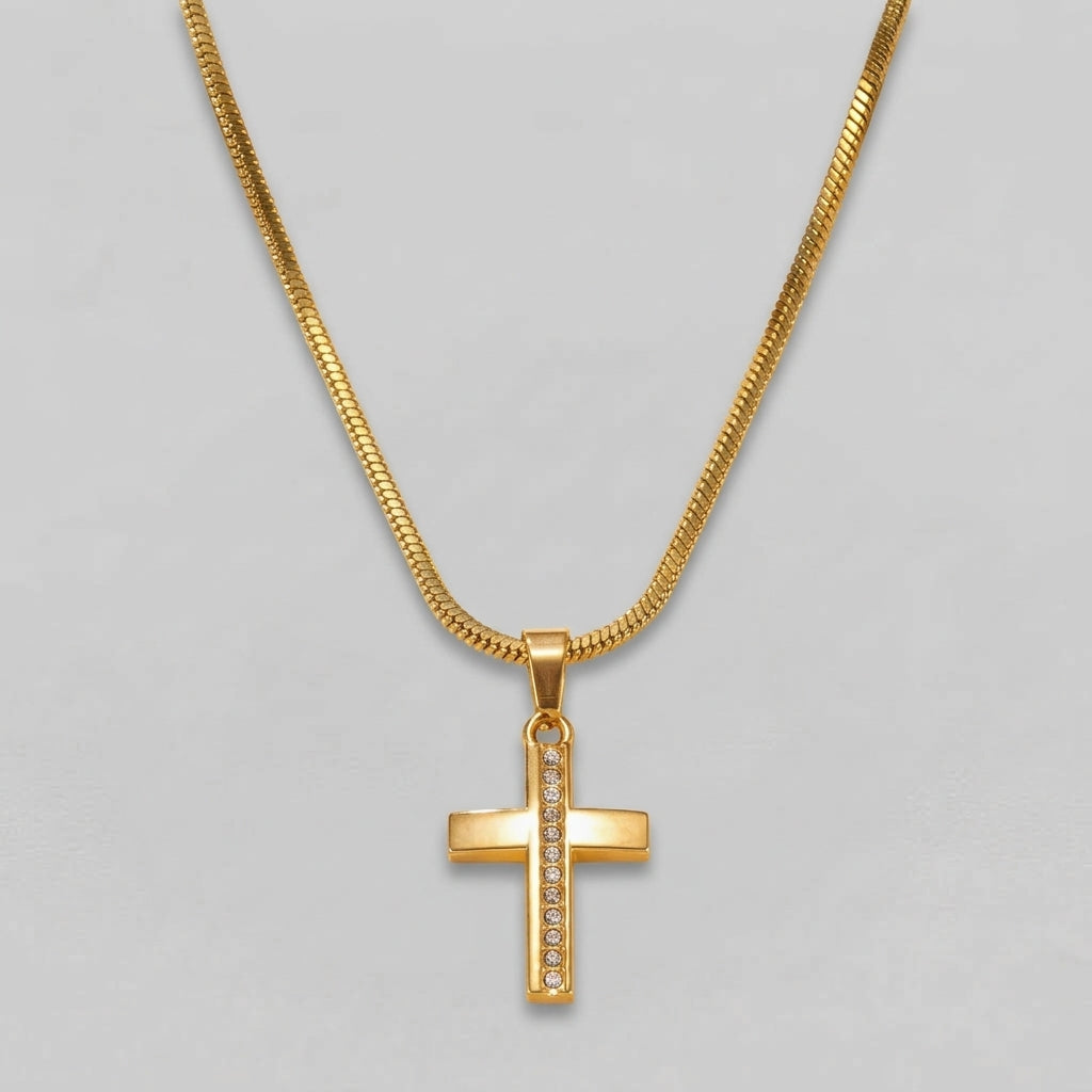 Gold Crystal Channel Bar Cross Snake Chain Necklace