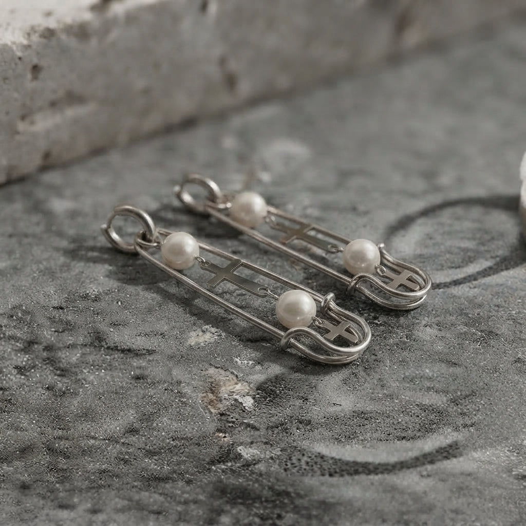 Safety Pin Pearl & Cross Drop Earrings