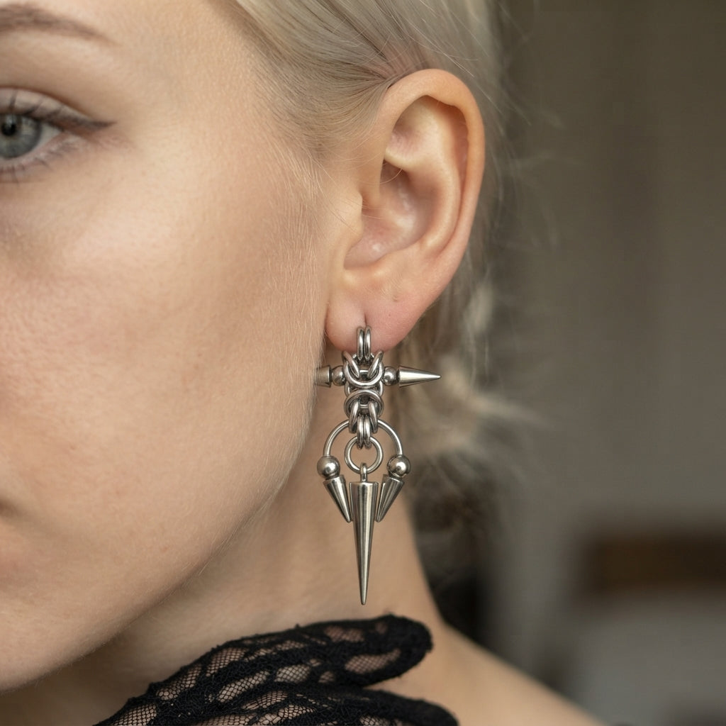 Byzantine Chainmail Spiked Cross Earrings