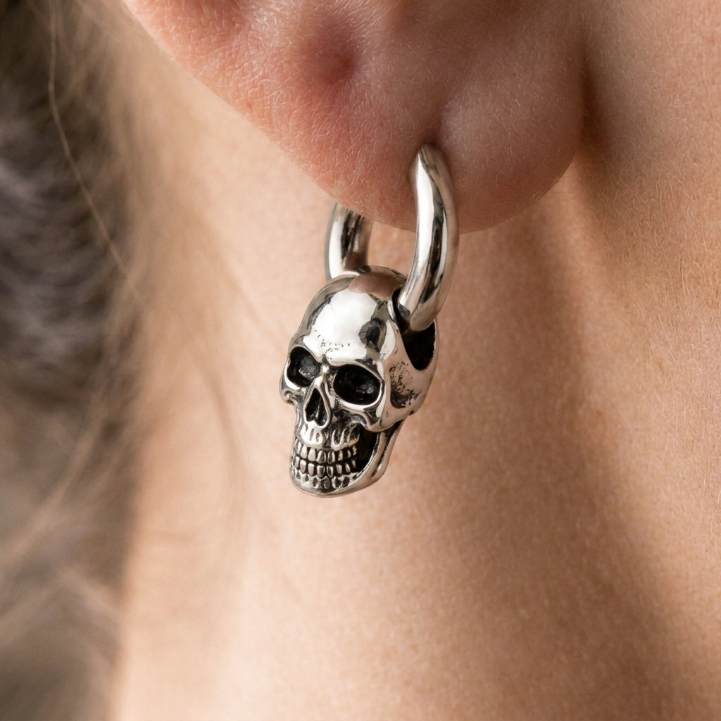 3D Skull Drop Huggie Hoop Earrings