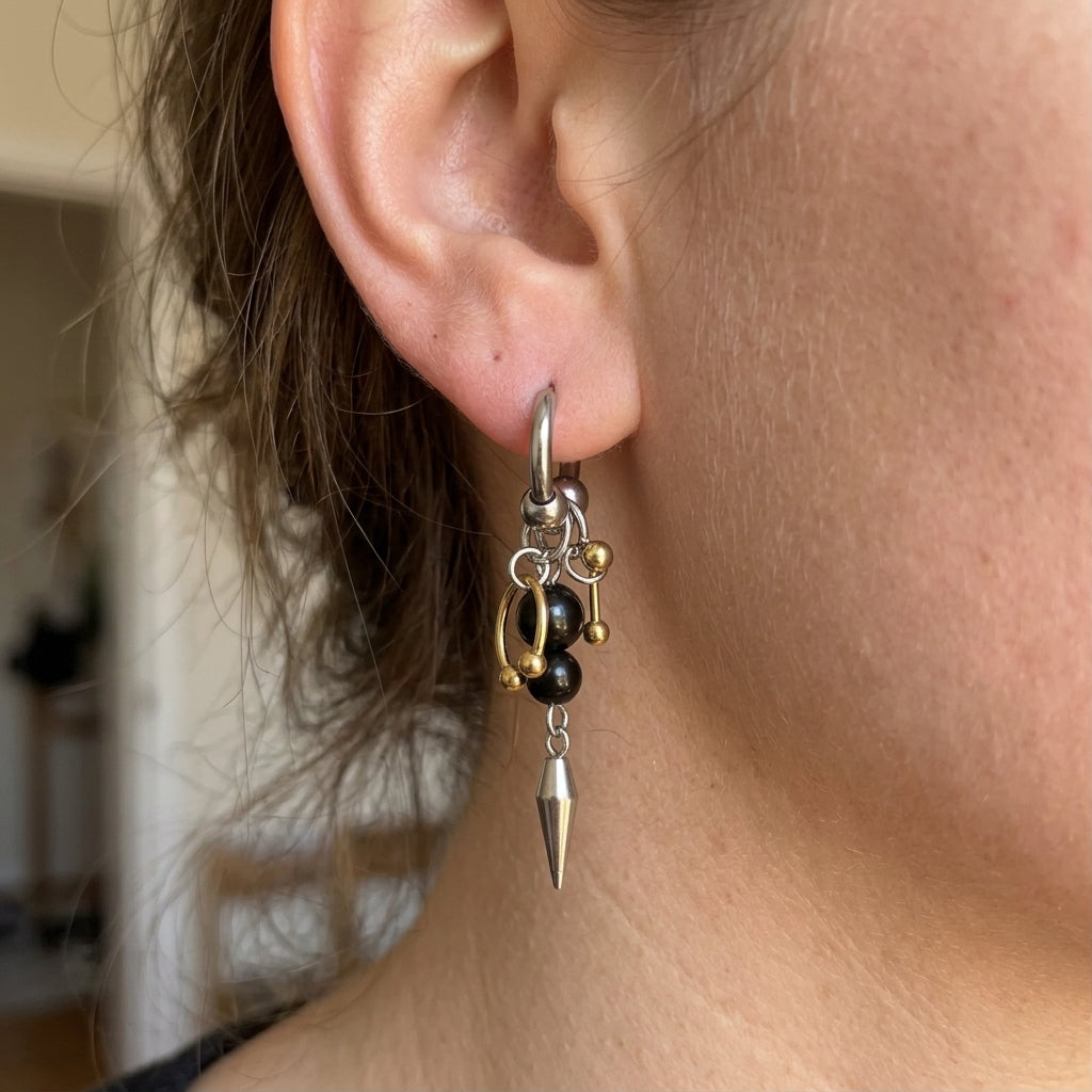 Onyx & Gold Bead Spike Earrings