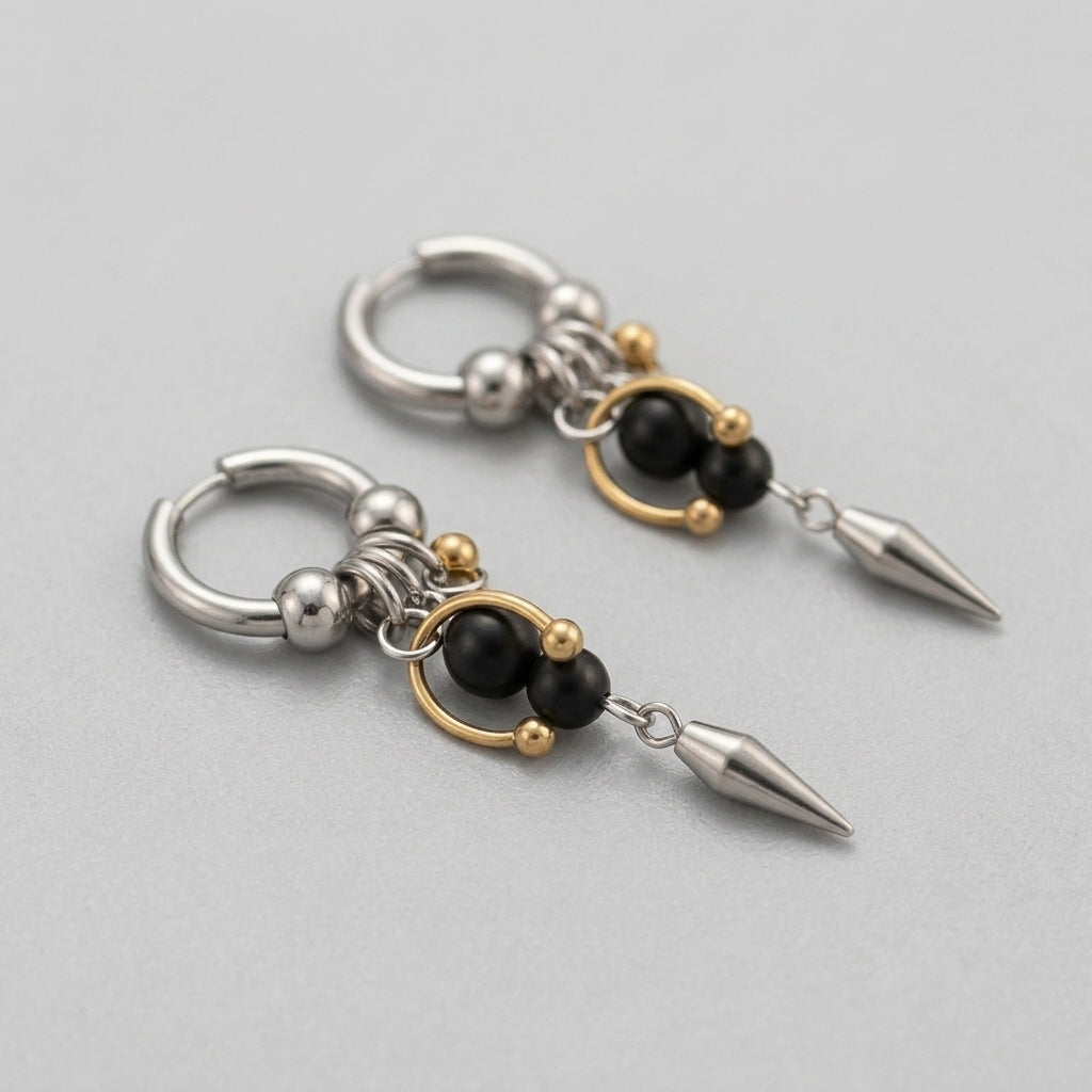 Onyx & Gold Bead Spike Earrings