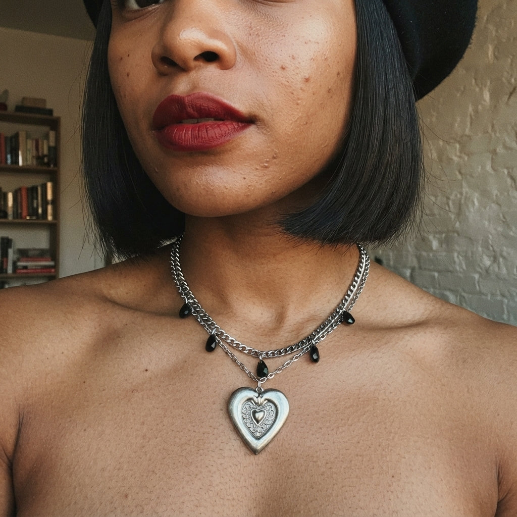 Black Teardrop Sacred Heart Layered Chain Necklace