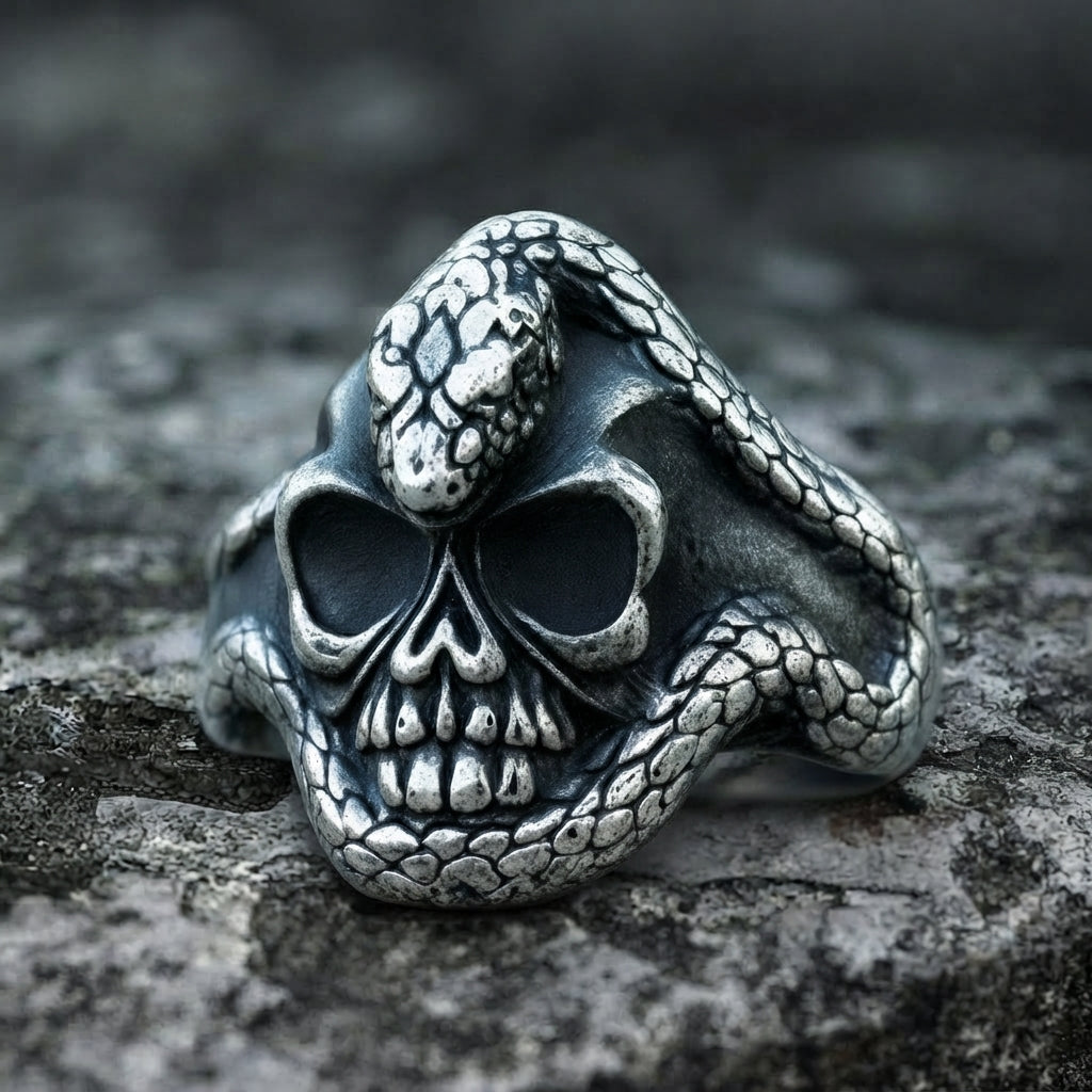 Serpent-Wrapped Skull Ring