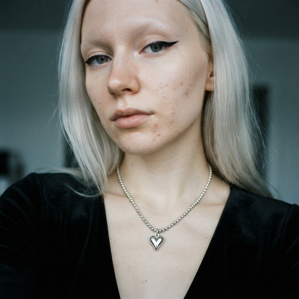 Puffy Heart Pendant Silver Bead Chain Necklace