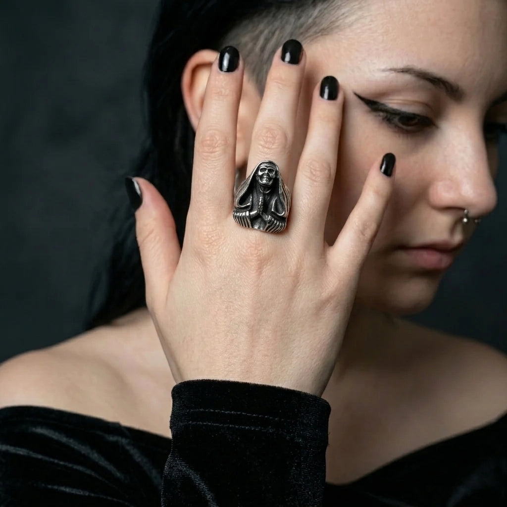 Hooded Grim Reaper Ring with Praying Skeleton Hands