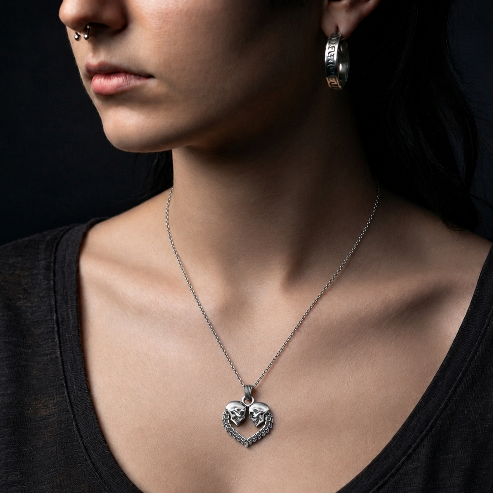 Twin Skull Heart Necklace