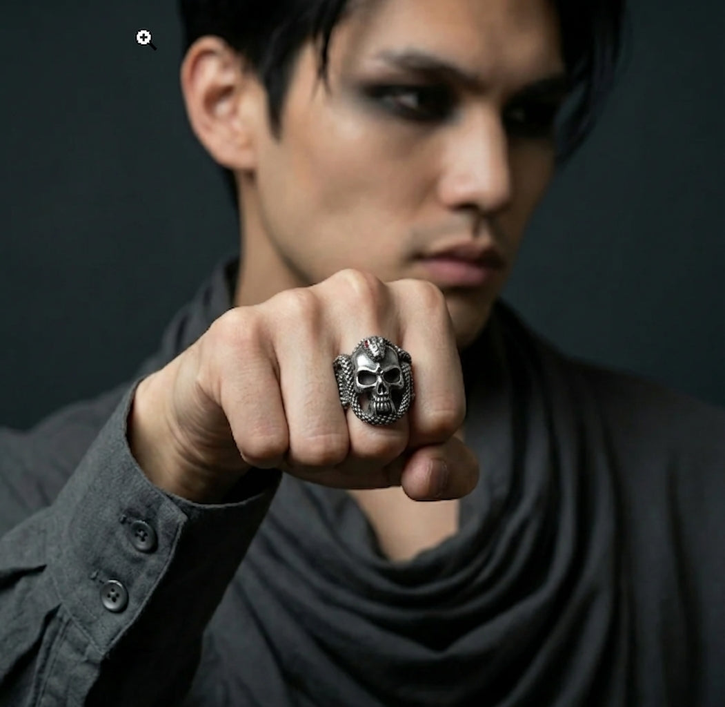 Snake and Skull Ring with Red Crystal Eyes