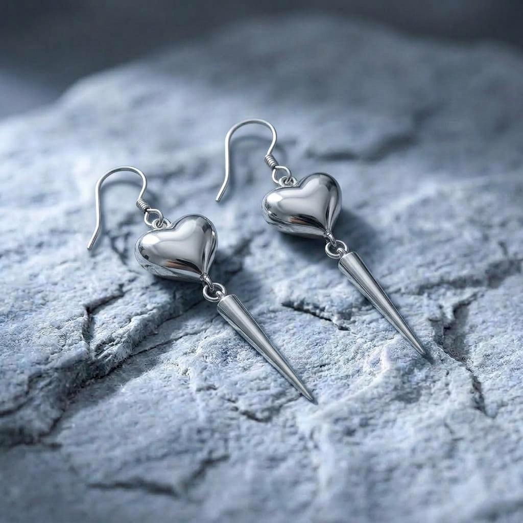 Puffy Heart & Long Spike Hook Earrings