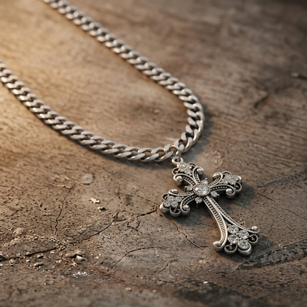 Crystal Filigree Gothic Cross Curb Chain Necklace