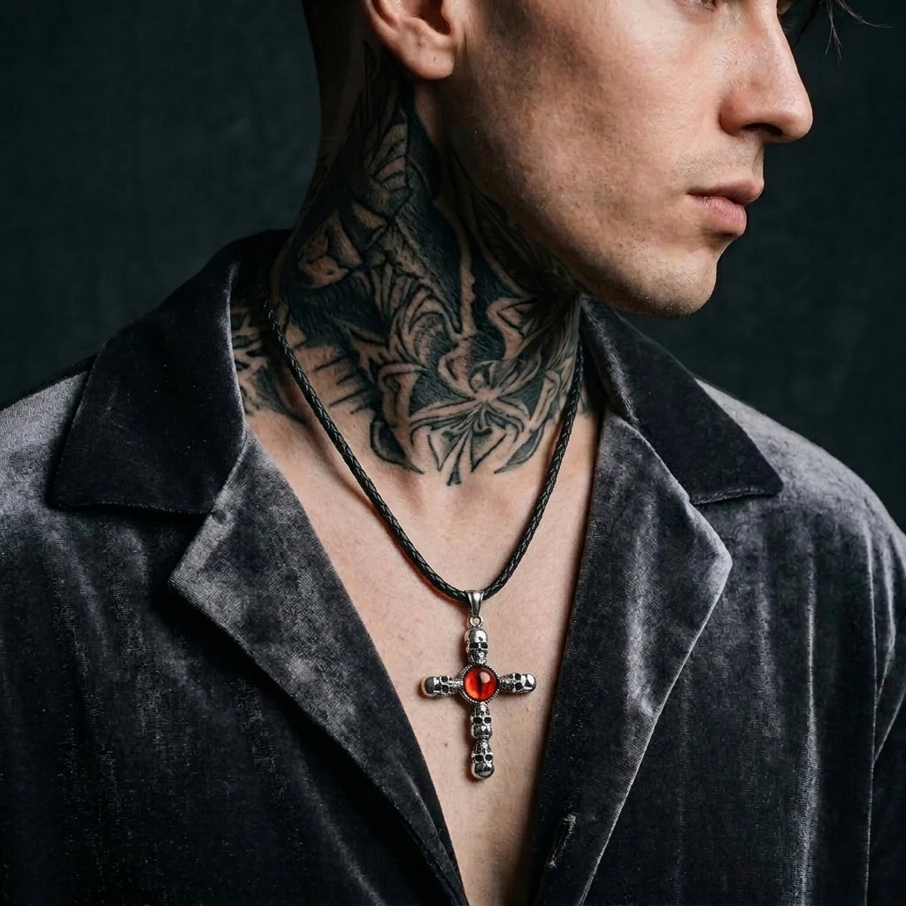Skull Cross Necklace with Red Dragon Eye Pendant