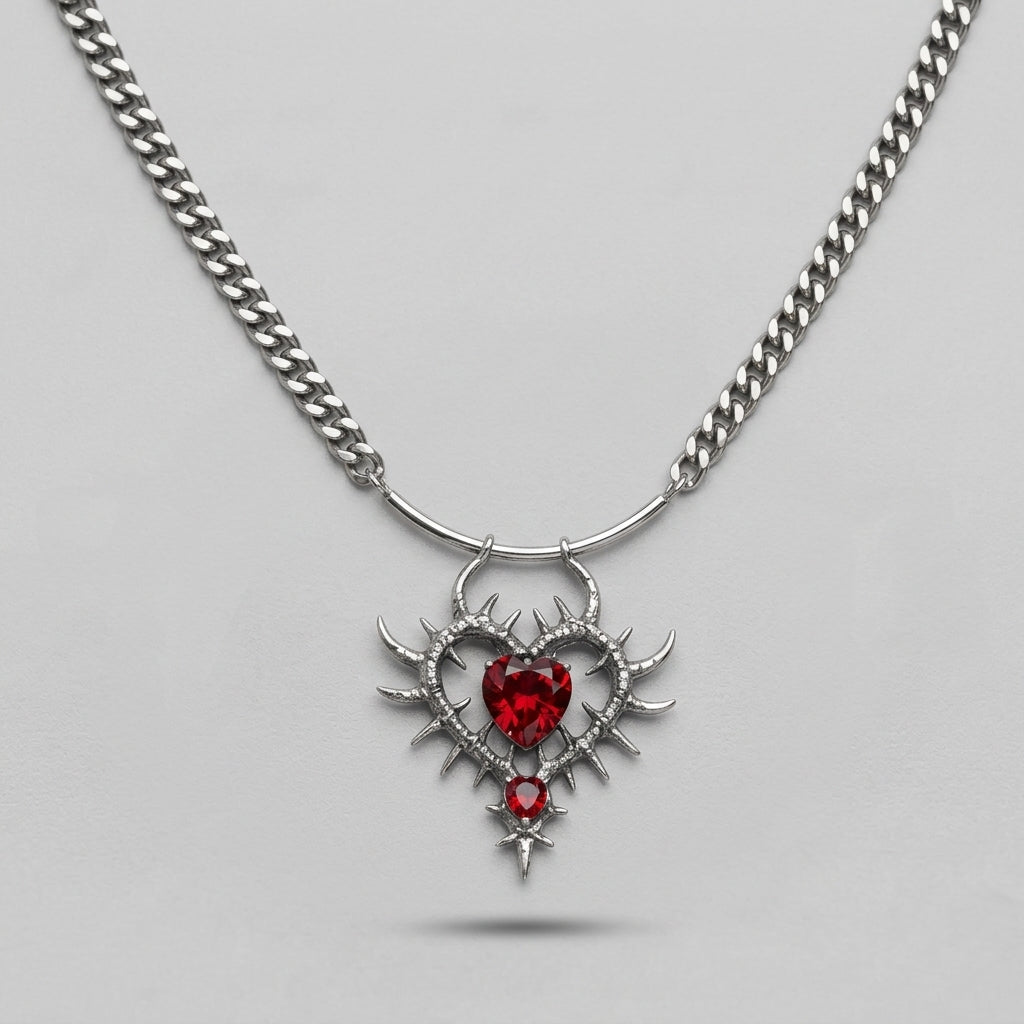 Ruby Thorn Heart Cuban Chain Necklace
