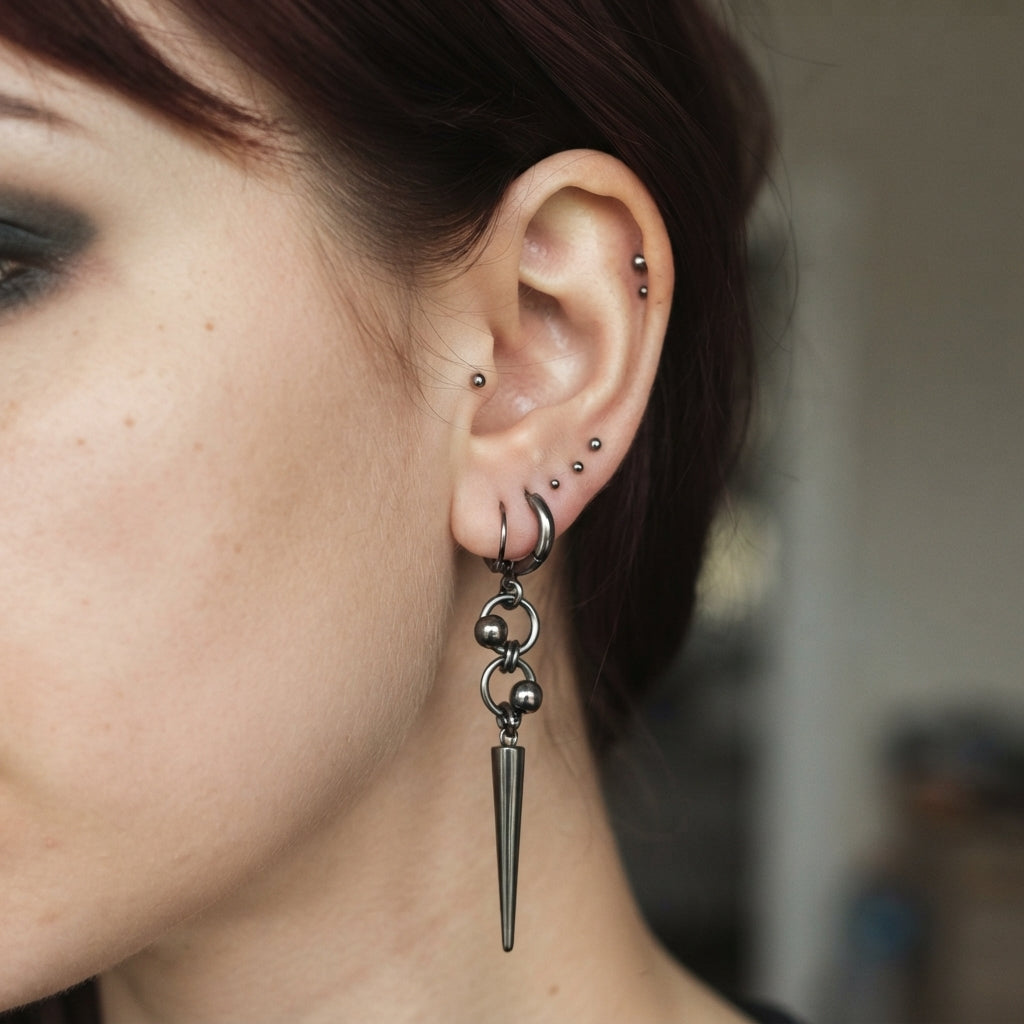 Gunmetal Orbit Bead Long Spike Earrings