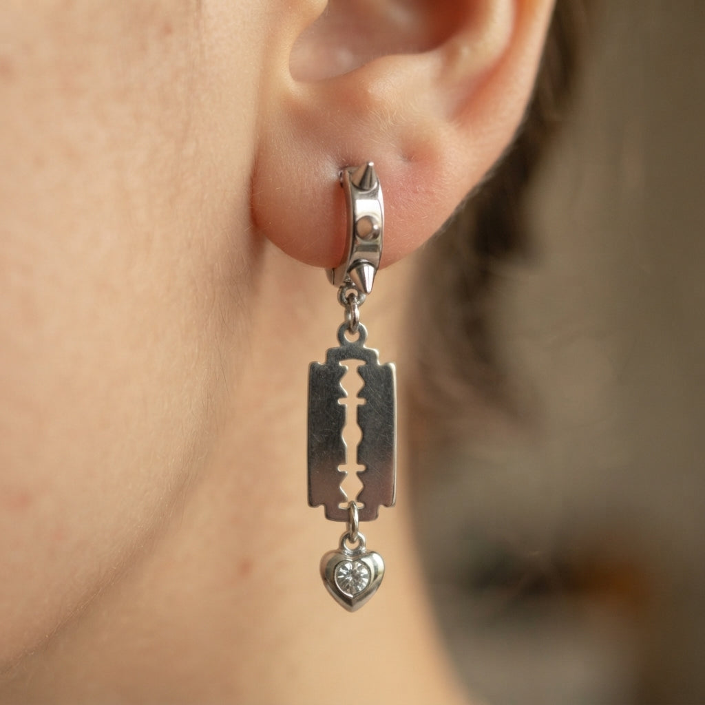 Silver Razor Blade Crystal Heart Spiked Huggie Earrings