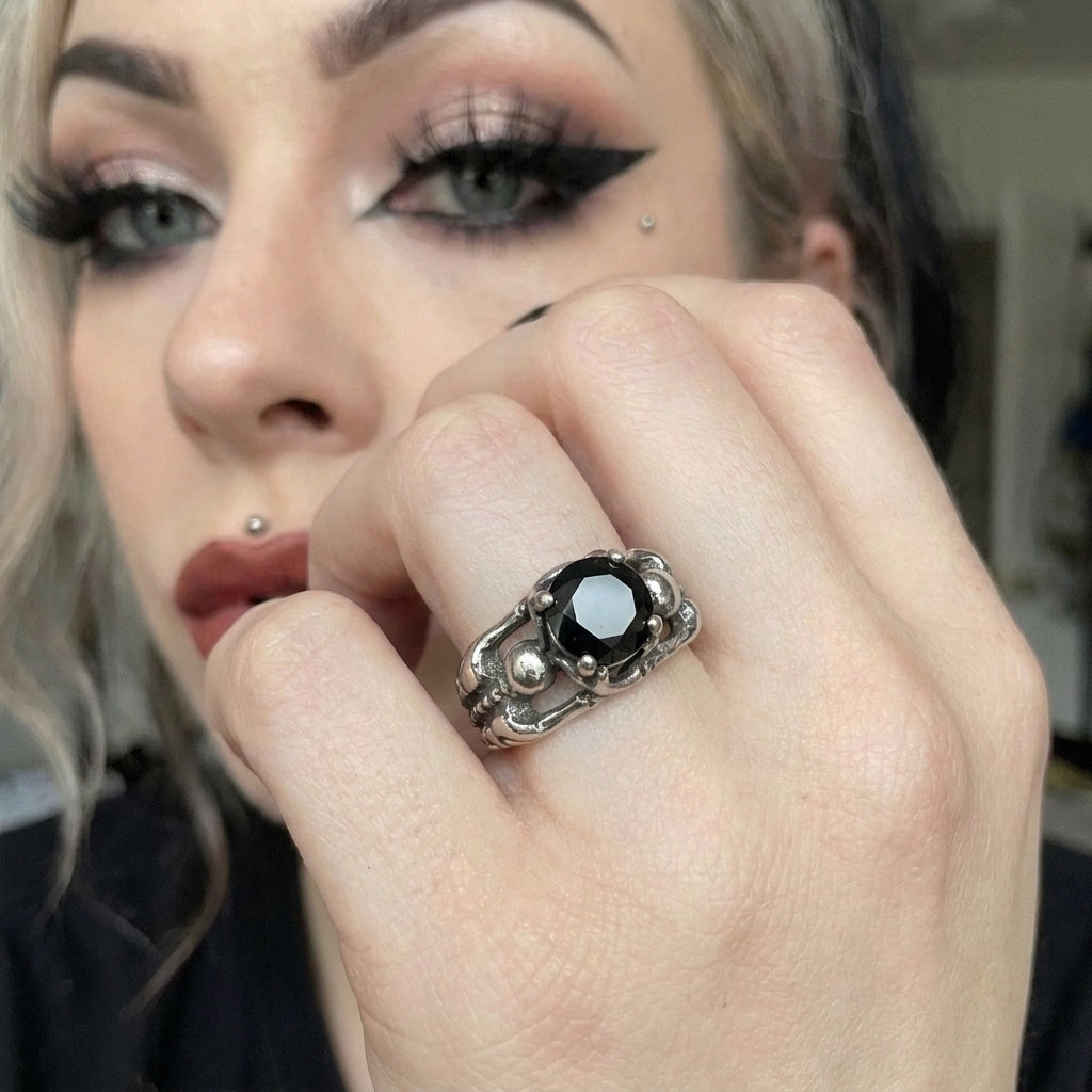 Twin Skeleton Embrace Black Gem Ring