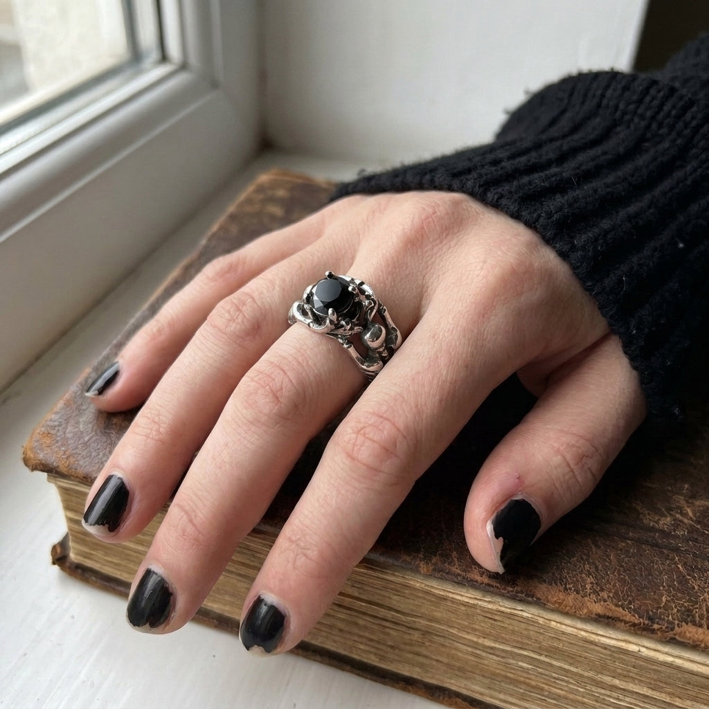 Twin Skeleton Embrace Black Gem Ring