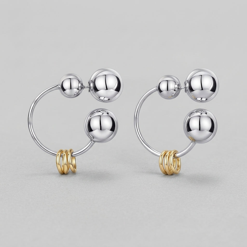 Two-Tone Double Ball Open Hoop Earrings