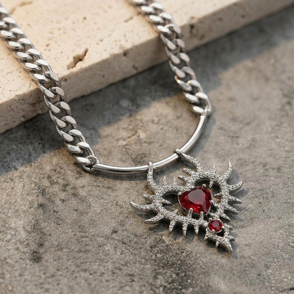 Ruby Thorn Heart Cuban Chain Necklace
