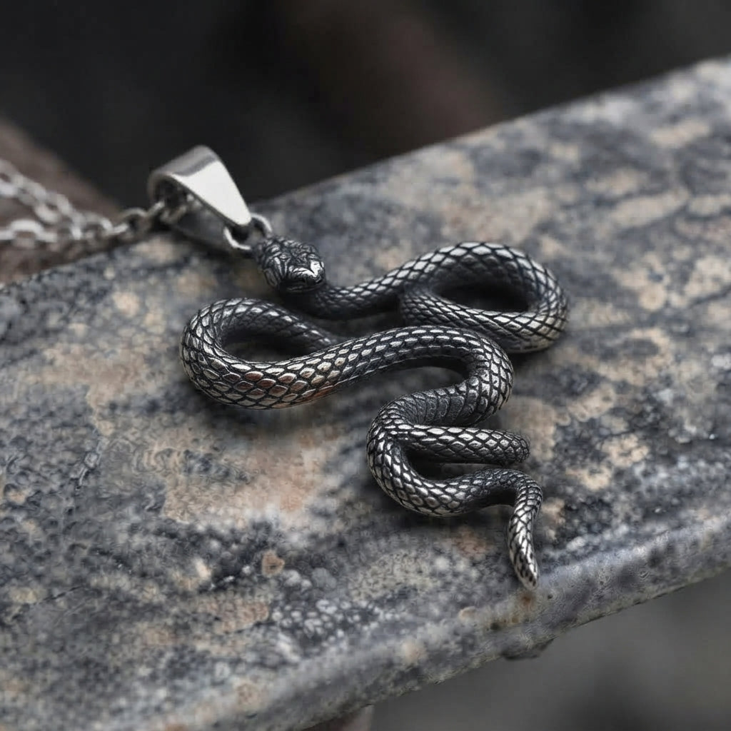 Oxidized Silver Snake Pendant Necklace