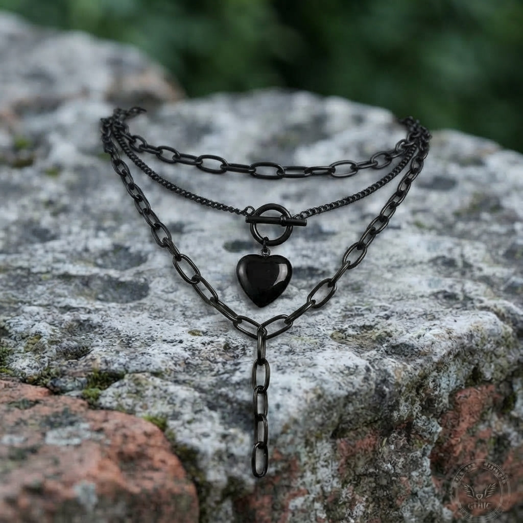 Black Heart Toggle Layered Chain Necklace