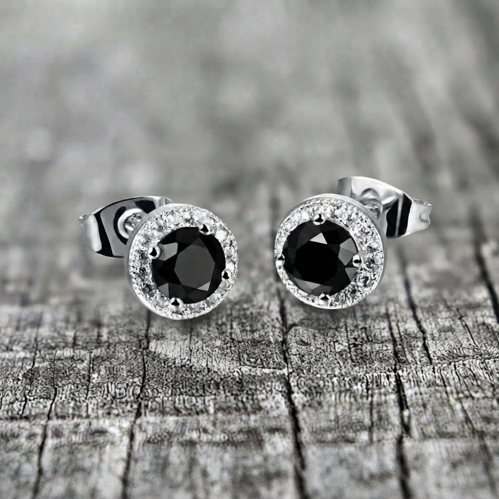 Black Diamond Halo Stud Earrings in Sterling Silver