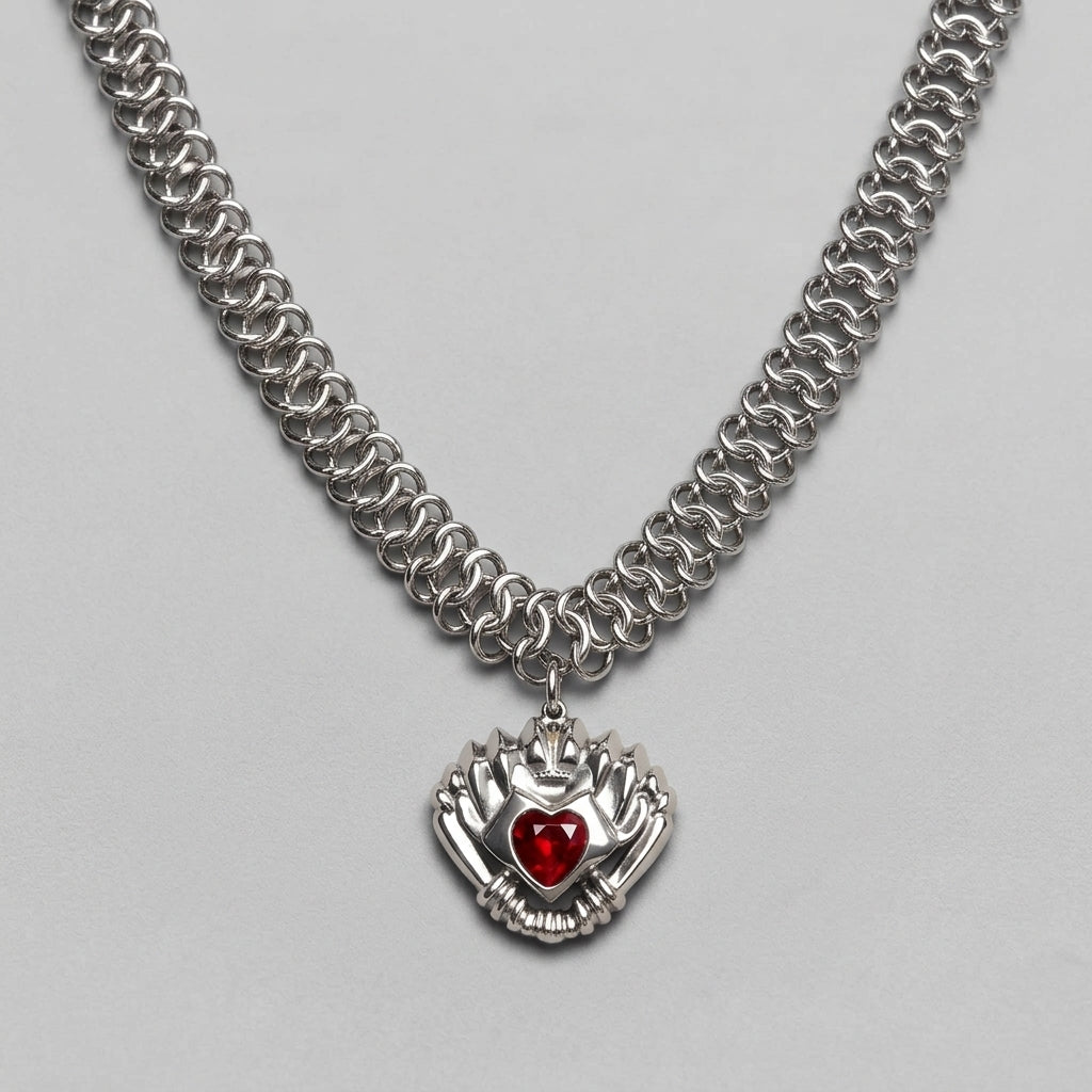 Red Crystal Sacred Heart Chainmaille Necklace