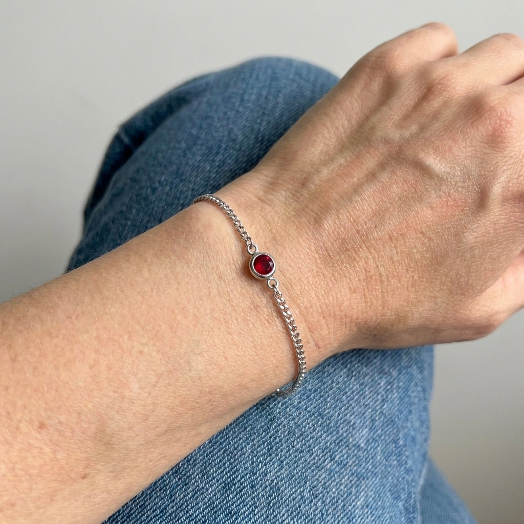 Ruby Solitaire Silver Curb Chain Bracelet