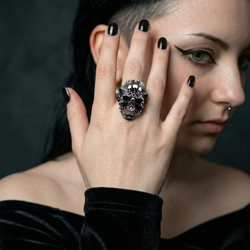 Skull Ring with Ornate Dragon and Filigree Detail