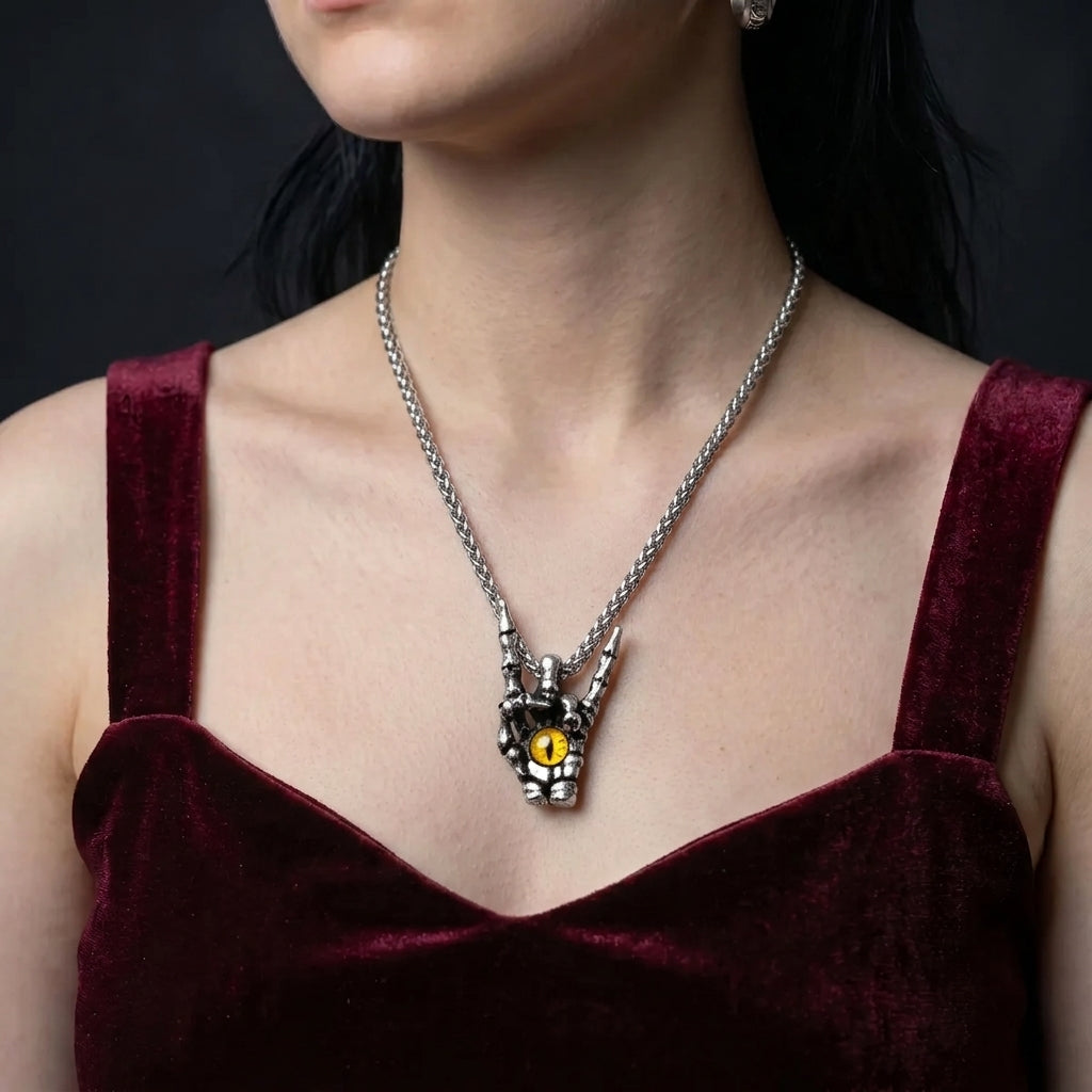 Skeleton Hand Rock Sign Necklace with Dragon Eye Pendant